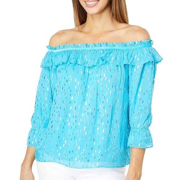 Lilly Pulitzer top Women's CeeCee Off-The-Shoulder blouse blue/silver sz SMALL - Picture 3 of 8